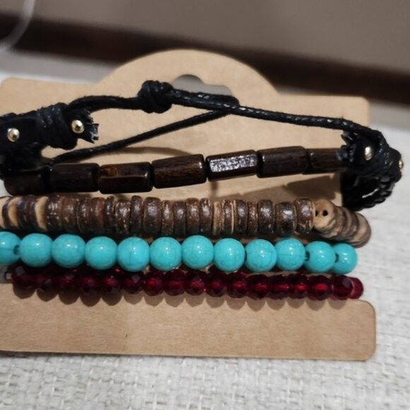 Nwt Unisex Multicolor Beaded and Leather Bracelet Set - Picture 3 of 4